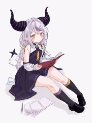 Rule 34 | 1girl, ahoge, aosachi, black footwear, black horns, book, braid, braided bangs, detached sleeves, grey hair, highres, holding, holding book, hololive, horns, la+ darknesss, la+ darknesss (1st costume), looking at viewer, mismatched socks, multicolored hair, pointy ears, purple hair, sidelocks, sitting, solo, streaked hair, striped horns, virtual youtuber, wariza, yellow eyes