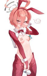 Rule 34 | 1girl, absurdres, ahoge, animal ears, bandaid, bandaids on nipples, blue archive, blush, braid, breasts, butt plug, dripping, fake animal ears, halo, highres, holding, leotard, looking at viewer, lube, meme attire, mole, mole under eye, naretsuro, navel, neru (blue archive), neru (bunny) (blue archive), open mouth, pasties, playboy bunny, rabbit ears, red eyes, revealing clothes, reverse bunnysuit, reverse outfit, sex toy, short hair, simple background, small breasts, solo, spoken blush, standing, stomach, wet, white background