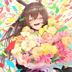 Rule 34 | 1girl, :d, amiya (arknights), animal ears, arknights, blush, bouquet, brown hair, closed eyes, confetti, facing viewer, flower, highres, holding, holding bouquet, long hair, long sleeves, milmir, open mouth, orange flower, orange rose, pink flower, pink rose, ponytail, rabbit ears, rose, simple background, smile, solo, teeth, upper body, upper teeth only, white background, yellow flower, yellow rose