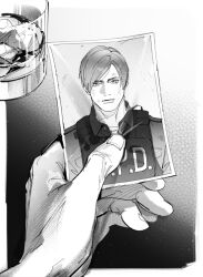 Rule 34 | 1boy, closed mouth, cup, drinking glass, greyscale, highres, jack krauser, leon s. kennedy, male focus, monochrome, muscular, non-web source, photo (object), police, police uniform, resident evil, tatsumi (psmhbpiuczn), uniform