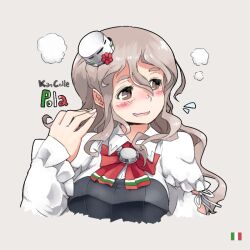 Rule 34 | 1girl, blush, bow, bowtie, breasts, brown eyes, brown hair, character name, copyright name, cropped torso, flying sweatdrops, grey background, hat, italian flag, kantai collection, large breasts, long hair, long sleeves, mini hat, open mouth, oso (toolate), pola (kancolle), red bow, red bowtie, simple background, solo, upper body, wavy hair, white hat