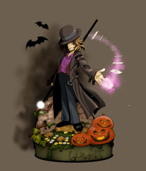 Rule 34 | 10s, 1boy, bat (animal), bowler hat, brown hair, card, coat, gambit, glowing, halloween, hat, hat over one eye, jack-o&#039;-lantern, male focus, marvel, red eyes, solo, staff, stand, trench coat, x-men