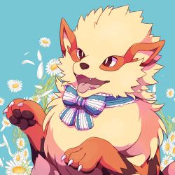 Rule 34 | arcanine, bow, bowtie, bright pupils, brown eyes, claws, commentary request, creatures (company), falling petals, fangs, flower, game freak, gen 1 pokemon, highres, kechon-san, nintendo, open mouth, petals, pokemon, pokemon (creature), tongue, tongue out, white flower, white pupils