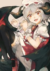Rule 34 | ascot, bad id, bad pixiv id, black thighhighs, blush, brooch, brown eyes, commentary request, dragon girl, dragon horns, dragon tail, dragon wings, grey background, grey hair, hair between eyes, hat, horns, jewelry, looking at viewer, mary janes, mob cap, open mouth, puffy short sleeves, puffy sleeves, red footwear, remilia scarlet, shoes, short hair, short sleeves, simple background, solo, tail, thighhighs, touhou, white hat, wings, zairen, zettai ryouiki