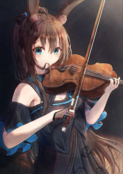 Rule 34 | 10ml, 1girl, ambience synesthesia, amiya (arknights), animal ears, arknights, black dress, bow (music), breasts, brown hair, cleavage, commentary request, dress, gloves, green eyes, hair between eyes, hair in own mouth, highres, holding, holding bow (music), holding instrument, holding violin, instrument, long hair, looking at viewer, partially fingerless gloves, ponytail, rabbit ears, rabbit girl, sidelocks, single glove, small breasts, solo, very long hair, violin