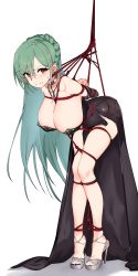 Rule 34 | 1girl, absurdres, arms behind back, azur lane, bdsm, black choker, black dress, blush, bondage, bound, bound arms, braid, breasts, choker, commentary request, dress, eyes visible through hair, green hair, high heels, highres, huge breasts, kinbakuman, littorio (azur lane), littorio (calabria aurea) (azur lane), long hair, official alternate costume, paid reward available, red eyes, red rope, restrained, rope, sweatdrop, very long hair