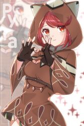 Rule 34 | 1girl, animal ears, animal hood, black gloves, breasts, brown dress, character name, closed mouth, commentary, dress, fake animal ears, fingerless gloves, gloves, hands up, heart, heart hands, highres, hood, hood up, long sleeves, medium breasts, pyra (xenoblade), red eyes, red hair, smile, solo, sparkle, swept bangs, wide sleeves, xenoblade chronicles (series), xenoblade chronicles 2, zer00han, zoom layer