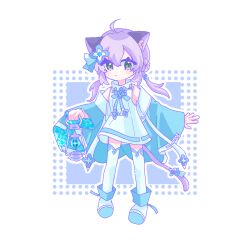 Rule 34 | 1girl, ahoge, animal ear fluff, animal ears, blue sleeves, blush stickers, cat ears, cat girl, cat tail, check commentary, chibi, choumiryou, commentary request, detached sleeves, dress, full body, green eyes, hair ornament, hairpin, holding, holding lantern, lantern, maimai (game), outstretched arm, purple hair, salt (maimai), short hair, solo, tail, thighhighs, turtleneck, turtleneck dress, white dress, white footwear, white thighhighs