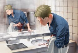 Rule 34 | 1boy, artist name, belt, belt buckle, bleeding, blonde hair, blood, blood stain, blue shirt, brown belt, buckle, button gap, closed eyes, collared shirt, commentary, commentary request, dress shirt, highres, indoors, injury, jacket, jujutsu kaisen, male focus, mirror, nanami kento, no eyewear, osusiudon, pain, pants, reflection, restroom, shirt, short hair, sink, solo, sweat, symbol-only commentary, tiles, tissue box, unworn jacket, urinal, water, white pants, wince
