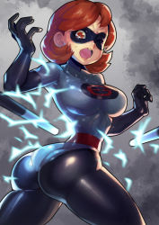 Rule 34 | 1girl, absurdres, ass, baton (weapon), bodysuit, breasts, brown hair, domino mask, elastigirl, electricity, electro shock prod, electroshock weapon, fengmo, gloves, helen parr, highres, latex, latex gloves, less-than-lethal weapon, mask, short hair, stun baton, superhero costume, the incredibles, twisted torso, weapon, wince