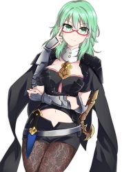 Rule 34 | 1girl, absurdres, adjusting eyewear, armor, black shorts, brown pantyhose, byleth (female) (fire emblem), byleth (fire emblem), closed mouth, dagger, fire emblem, fire emblem: three houses, glasses, green eyes, green hair, hair between eyes, highres, knife, medium hair, nintendo, pantyhose, pantyhose under shorts, red-framed eyewear, scabbard, sheath, sheathed, short shorts, shorts, simple background, solo, sword, weapon, white background, zero-theme
