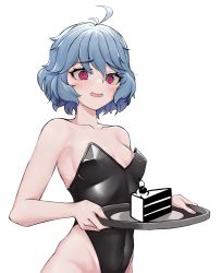 Rule 34 | 1girl, @ @, absurdres, ahoge, alternate costume, bare shoulders, blue hair, blush, cake, covered navel, flat chest, food, grim reaper hana, guardian tales, highres, holding, holding plate, jameson, leotard, medium hair, no bra, open mouth, plate, portable stove, portal (series), portal 1, red eyes, sweatdrop, upper body, white background