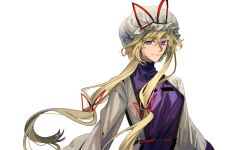 Rule 34 | 1girl, blonde hair, breasts, closed mouth, dress, frilled hat, frills, hair between eyes, hair ribbon, hat, hat ribbon, long hair, long sleeves, looking at viewer, mob cap, purple eyes, red ribbon, ribbon, simple background, small breasts, smile, solo, tabard, touhou, upper body, white background, white dress, white hat, wide sleeves, xian qishui, yakumo yukari