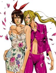Rule 34 | 2girls, araki hirohiko (style), arm around shoulder, blue eyes, breasts, brown eyes, brown hair, cleavage, commentary, dark-skinned female, dark skin, dress, english commentary, floral print, green lips, hairband, hand on own hip, hanny (uirusu chan), highres, jojo no kimyou na bouken, jojo pose, josie rizal, lipstick, long hair, looking at viewer, lucky chloe, makeup, medium breasts, multiple girls, navel, pants, parody, partially unbuttoned, petals, pink pants, pink shirt, print dress, red hairband, shirt, short dress, style parody, sundress, tekken, tekken 7, twintails, white background