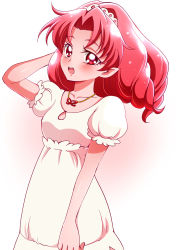 Rule 34 | 1girl, :o, absurdres, akagi towa, bad id, bad pixiv id, blush, cowboy shot, curly hair, go! princess precure, highres, jewelry, necklace, pointy ears, precure, princess, puffy short sleeves, puffy sleeves, red eyes, red hair, sharumon, short hair, short sleeves, skirt, smile, solo, white background, white skirt