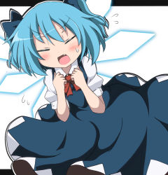 Rule 34 | 1girl, alternate hairstyle, blue dress, blue hair, blush, bow, cirno, do (4-rt), dress, closed eyes, fang, flying sweatdrops, hair bow, ice, ice wings, letterboxed, looking at viewer, open mouth, puffy short sleeves, puffy sleeves, shirt, short sleeves, solo, sweatdrop, touhou, twintails, wings