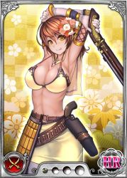 Rule 34 | 1girl, :p, armpits, arms up, belt, bikini, bikini top only, blush, breasts, card (medium), cleavage, dmm, elbow gloves, female focus, gloves, gun, hair ornament, holster, large breasts, legs, looking at viewer, navel, nobunaga wa ore no yome. hime bushou 1000-ningiri, official art, orange hair, short hair, simple background, skirt, solo, standing, swimsuit, thighs, tongue, tongue out, trading card, weapon, yellow eyes