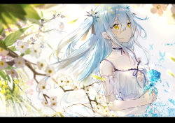 Rule 34 | 1girl, absurdres, bare shoulders, bird, blue hair, blush, breasts, bug, butterfly, choker, cleavage, closed mouth, collarbone, commission, dress, flower, gothic lolita, hair between eyes, hair ornament, highres, holding, holding flower, insect, letterboxed, lolita fashion, long hair, original, pixiv commission, plant, resolution mismatch, rose, sleeveless, source smaller, tatsukisan, tears, twintails, yellow eyes