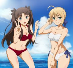 Rule 34 | 2girls, :d, ahoge, artoria pendragon (all), artoria pendragon (fate), bikini, black ribbon, blonde hair, blue ribbon, blue sky, blush, breasts, brown hair, cleavage, collarbone, day, fate/stay night, fate (series), floating hair, green eyes, groin, hair ribbon, long hair, looking at viewer, masuo (masdlivelove), medium breasts, multiple girls, navel, ocean, official alternate costume, open mouth, outdoors, red bikini, ribbon, saber (fate), shiny skin, short hair, sidelocks, sky, smile, standing, strapless, strapless bikini, swimsuit, tohsaka rin, twintails, two side up, v, very long hair, white bikini