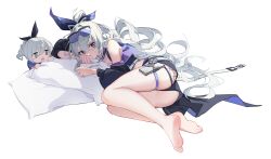 Rule 34 | 1girl, :t, barefoot, black shorts, closed mouth, commentary request, cropped jacket, eyewear on head, feet, full body, grey eyes, grey hair, hair ribbon, highres, honkai: star rail, honkai (series), jacket, long hair, long sleeves, looking at viewer, lying, ningmeng jing jing jing jing, on side, pillow, power symbol, purple jacket, ribbon, shorts, silver wolf (honkai: star rail), simple background, single bare shoulder, solo, sticker, thigh strap, very long hair, white background