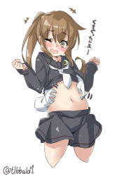 Rule 34 | +++, 10s, 1girl, ;d, arm at side, black serafuku, black skirt, blush, brown eyes, brown hair, clenched hands, collarbone, cowboy shot, crescent, crescent pin, cropped legs, disembodied hand, ebifurya, fumizuki (kancolle), highres, kantai collection, long hair, long sleeves, motion lines, navel, necktie, one eye closed, open mouth, pleated skirt, ponytail, school uniform, serafuku, sidelocks, signature, simple background, skirt, smile, solo focus, stomach, tears, tickling, tickling sides, translated, twitter username, white background, white necktie