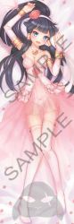Rule 34 | 1girl, babydoll, bad id, bad pixiv id, black hair, blue eyes, blush, bow, bow panties, breasts, bridal gauntlets, cleavage, collarbone, dakimakura (medium), flower, hair tubes, hairband, jewelry, knees together feet apart, lace, lingerie, long hair, looking at viewer, lying, nephthys (p&amp;d), no shoes, on back, open mouth, panties, petals, pink flower, pink rose, ponytail, puzzle &amp; dragons, ring, rose, sample watermark, see-through, sidelocks, smile, solo, thighhighs, underwear, watermark, wedding band, white panties, white thighhighs, yellowpaint.