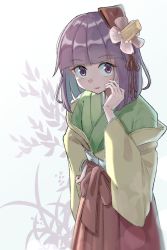 Rule 34 | 1girl, 5alive, blunt bangs, closed mouth, commentary request, cowboy shot, flower, frilled skirt, frills, green kimono, hair flower, hair ornament, hand on own hip, hand on own face, happy, hieda no akyuu, highres, japanese clothes, kimono, layered clothes, layered kimono, long sleeves, looking at viewer, purple eyes, purple hair, red sash, red skirt, sash, short hair, skirt, smile, solo, touhou, wide sleeves, yellow kimono