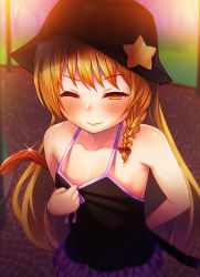 Rule 34 | 1girl, ;), arm behind back, bare arms, bare shoulders, black hat, blonde hair, blush, bow, braid, closed mouth, commentary request, cookie (touhou), cowboy shot, crowbar, hair bow, hat, highres, holding, holding crowbar, kirisame marisa, long hair, looking at viewer, one eye closed, outdoors, purple skirt, red bow, side braid, single braid, skirt, smile, solo, sparkle, star (symbol), star pin, suzu (cookie), tarmo, touhou, very long hair, yellow eyes
