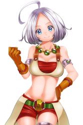Rule 34 | 1girl, absurdres, ahoge, armlet, bad id, bad pixiv id, belt, blue eyes, brown gloves, clenched hand, cowboy shot, crop top, dragon quest, dragon quest x, gloves, hand on own hip, highres, jewelry, midriff, navel, necklace, red shorts, riin (dq), riin (dq10), short hair, shorts, silver hair, smile, solo, standing, white background, yupiteru