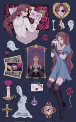 Rule 34 | 1girl, black footwear, black gloves, black thighhighs, blue dress, blue eyes, bone, boots, braid, braided ponytail, broken mirror, brown hair, candle, closed mouth, commentary, cross, dress, envelope, flower, ghost, gloves, hand mirror, highres, holding, holding mirror, holding skull, knee boots, korean commentary, limbus company, long hair, long sleeves, mirror, multiple views, nightgown, portrait, project moon, puffy short sleeves, puffy sleeves, rodion (project moon), rose, short sleeves, skull, smile, szztzzs, tarot, the hermit (tarot), thighhighs, veil, very long hair, white nightgown