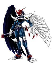 Rule 34 | 1boy, armor, asymmetrical wings, belt, black belt, black wings, bodysuit, claws, closed mouth, cowboy shot, digimon, digimon (creature), digimon next, fake horns, fang, fang out, feathered wings, floating, full armor, full body, gauntlets, helmet, holding, holding sword, holding weapon, horned helmet, horns, knee spikes, male focus, mask, mechanical wings, mismatched wings, muscular, no humans, official art, okano takeshi, ravmon, red hair, sheath, sheathed, shoulder armor, shoulder spikes, signature, simple background, solo, spikes, standing, sword, tabi, weapon, weapon on back, wings, yellow eyes