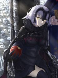 Rule 34 | 1girl, apple, armor, armored dress, black cape, black dress, black thighhighs, breasts, breasts apart, cape, chain, dress, fate/grand order, fate (series), food, fruit, fur-trimmed cape, fur trim, head rest, headpiece, highres, holding, holding food, holding fruit, jeanne d&#039;arc (fate), jeanne d&#039;arc alter (avenger) (fate), jeanne d&#039;arc alter (fate), looking at viewer, medium breasts, parted lips, short hair, silver hair, sitting, skull, thighhighs, v-shaped eyebrows, yellow eyes, yuragi zora