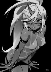 1girl armlet black_background bracelet breasts collar fang fang_out glasses highres horns jewelry kneesocks_(psg) long_hair looking_at_viewer monochrome optionaltypo panties panty_&amp;_stocking_with_garterbelt panty_pull simple_background single_horn solo spiked_collar spikes tan tanline underwear