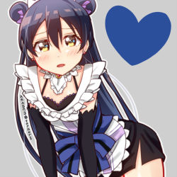 Rule 34 | 10s, 1girl, alternate costume, alternate hairstyle, blue hair, blush, double bun, elbow gloves, enmaided, gloves, grey background, heart, long hair, looking at viewer, love live!, love live! school idol festival, love live! school idol project, maid, simple background, skull573, solo, sonoda umi, twitter username, yellow eyes