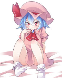 Rule 34 | 1girl, ass, blue hair, bobby socks, brooch, commentary request, dress, hat, hat ribbon, jewelry, looking at viewer, mob cap, pink dress, pink eyes, pink skirt, puffy sleeves, remilia scarlet, ribbon, short sleeves, sitting, skirt, smile, socks, solo, touhou, yuuki (yuyuki000)