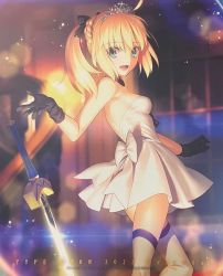 Rule 34 | 1girl, ahoge, artoria pendragon (all), artoria pendragon (fate), bare shoulders, black gloves, blonde hair, breasts, dress, excalibur (fate/stay night), fate/grand order, fate (series), gloves, green eyes, happy, highres, looking at viewer, looking to the side, medium breasts, official art, open mouth, ponytail, saber (fate), saber lily, smile, solo, sword, thighhighs, third-party source, tongue, weapon, white dress