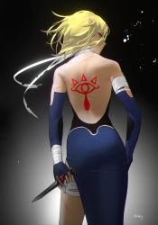 Rule 34 | 1girl, ass, back, back tattoo, backless dress, backless outfit, bandages, blonde hair, braid, cuts, dark skin, dress, duoj ji, elbow gloves, finger wrap, gloves, highres, injury, knife, looking at viewer, looking back, nintendo, pointy ears, red eyes, sheik, sheikah, short hair, solo, tattoo, the legend of zelda, the legend of zelda: ocarina of time, weapon