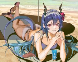Rule 34 | 1girl, absurdres, arknights, bare legs, bare shoulders, beach, bikini, blue bikini, blue hair, ch&#039;en (arknights), ch&#039;en the holungday (arknights), chinese commentary, commentary request, dragon horns, dragon tail, flower, great lungmen logo, grin, hair between eyes, hair flower, hair ornament, hands up, highres, horns, ken (1057168252), long hair, looking at viewer, lotion bottle, lying, official alternate costume, on stomach, own hands together, pink eyes, red flower, sandals, shadow, smile, solo, steepled fingers, swimsuit, tail, thighs