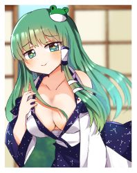 Rule 34 | + +, 1girl, bare shoulders, blush, breasts, cleavage, closed mouth, commentary request, frog hair ornament, green hair, hair ornament, highres, japanese clothes, kochiya sanae, large breasts, looking at viewer, miko, presenting, snake hair ornament, touhou, zerokosan