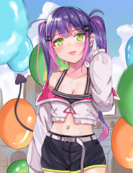 Rule 34 | 1girl, :3, :p, bare shoulders, blush, breasts, choker, cleavage, earrings, green eyes, hair ornament, hairclip, hand up, highres, hololive, jacket, jewelry, long hair, looking at viewer, medium breasts, midriff, multicolored hair, multiple earrings, navel, navel piercing, piercing, purple hair, shorts, smile, solo, standing, tail, tearing up, tenpura noraneko, tokoyami towa, tongue, tongue out, twintails, virtual youtuber, white jacket