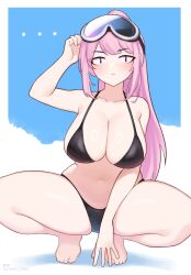 Rule 34 | 1girl, absurdres, bikini, blue archive, breasts, cleavage, closed mouth, dazz chan, eimi (blue archive), eimi (swimsuit) (blue archive), full body, highres, large breasts, long hair, looking at viewer, navel, pink eyes, pink hair, purple eyes, simple background, solo, squatting, swimsuit