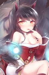 Rule 34 | 1girl, ahri (league of legends), animal ears, bad id, bad pixiv id, bare shoulders, black hair, blood, breasts, cleavage, detached sleeves, fang, fox ears, fox tail, korean clothes, league of legends, long hair, looking at viewer, medium breasts, multiple tails, orange eyes, red eyes, solo, tail, yuran