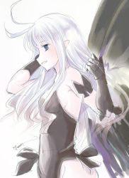 Rule 34 | 1girl, anne (bravely second), antenna hair, arms up, black gloves, black leotard, blue eyes, bravely default (series), bravely second: end layer, breasts, butterfly wings, commentary request, fairy, gloves, hand in own hair, insect wings, leotard, long hair, one-hour drawing challenge, pointy ears, sideboob, silver hair, simple background, sketch, small breasts, smile, solo, upper body, white background, wings, yanagi (haisiro)