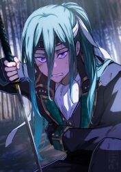 Rule 34 | 1boy, aqua hair, ascot, black gloves, black jacket, black vest, blood, blood on clothes, blood on face, buttons, clenched teeth, diamond button, dream!ing, feet out of frame, fingerless gloves, forest, gloves, hair between eyes, hand on own hip, headband, highres, holding, holding sword, holding weapon, jacket, katana, lapel pin, lapels, long hair, looking at viewer, male focus, nature, notched lapels, ponytail, purple eyes, shibutani kasuka, solo, sword, teeth, teria (teriarian), upper body, vest, weapon, white ascot
