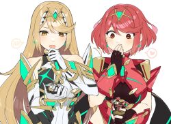 Rule 34 | 2girls, amiibo, blonde hair, blush, breasts, chest jewel, dress, earrings, figure, gem, gloves, headpiece, highres, jewelry, kinagi (3307377), large breasts, long hair, multiple girls, mythra (massive melee) (xenoblade), mythra (xenoblade), nintendo, open mouth, pyra (xenoblade), red eyes, red hair, short hair, super smash bros., surprised, swept bangs, tiara, very long hair, white dress, white gloves, xenoblade chronicles (series), xenoblade chronicles 2, yellow eyes