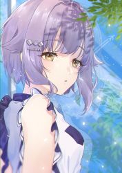 Rule 34 | 1girl, absurdres, bare arms, blouse, blunt bangs, blurry, breasts, depth of field, frills, hachako, hair ornament, highres, idolmaster, idolmaster cinderella girls, koshimizu sachiko, looking at viewer, looking to the side, plant, purple hair, reflection, shirt, short hair, small breasts, solo, white shirt, yellow eyes