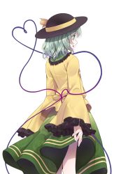Rule 34 | 1girl, back, crote, female focus, green eyes, green hair, hat, hat ribbon, heart, heart of string, highres, komeiji koishi, long sleeves, matching hair/eyes, open mouth, ribbon, shirt, short hair, sideways mouth, skirt, smile, solo, touhou, transparent background, wide sleeves