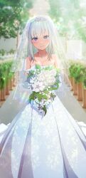 Rule 34 | 1girl, absurdres, bare shoulders, blurry, blurry background, blush, bouquet, breasts, camui1104, collarbone, commentary, dress, elbow gloves, emilia (re:zero), flower, gloves, highres, holding, holding bouquet, jewelry, lens flare, long dress, looking at viewer, medium breasts, necklace, purple eyes, re:zero kara hajimeru isekai seikatsu, rose, smile, solo, split mouth, strapless, strapless dress, sunlight, veil, wedding dress, white dress, white flower, white gloves, white hair, white rose