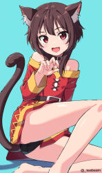 Rule 34 | 1girl, :d, animal ear fluff, animal ears, aqua background, artist name, ass, bare legs, bare shoulders, barefoot, belt, black choker, black panties, blush, blush stickers, breasts, brown belt, brown hair, cat ears, cat girl, cat tail, choker, claw pose, crotch seam, dress, fang, foot out of frame, hair between eyes, hand up, highres, kemonomimi mode, knee up, kono subarashii sekai ni shukufuku wo!, leaning to the side, long sleeves, looking at viewer, megumin, off-shoulder dress, off shoulder, open mouth, panties, pantyshot, red dress, red eyes, red pupils, shadow, short dress, short hair, short hair with long locks, sidelocks, simple background, sitting, skin fang, small breasts, smile, solo, tail, teabeam, thighs, twitter username, underwear