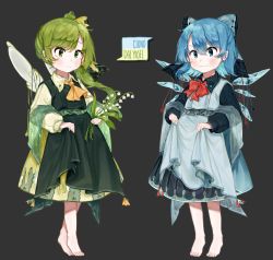 Rule 34 | 2girls, :3, absurdres, alternate costume, ascot, bad id, bad pixiv id, barefoot, blue eyes, blue hair, blush, bow, bowtie, character name, cirno, clothes lift, collared dress, commentary, daiyousei, dot nose, dress, dress lift, fairy wings, flower, full body, green dress, green eyes, green hair, grey background, hair between eyes, hair bow, hair ribbon, highres, ice, ice wings, leaf, light smile, lily of the valley, long sleeves, multiple girls, orange neckwear, pointy ears, red neckwear, ribbon, sash, simple background, slit pupils, star (symbol), tassel, tiptoes, touhou, useq1067, wide sleeves, wings